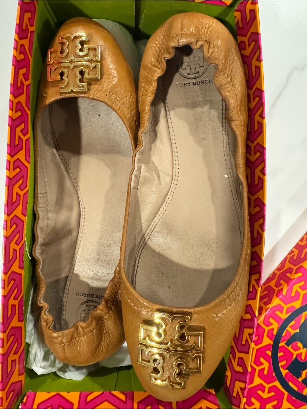 Tory Burch Cognac Leather Ballet Flats with Gold Logo